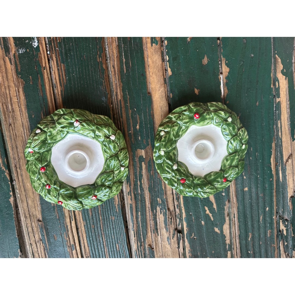 Vintage Nuova Capodimonte Belfiore Christmas Holly Wreath Candle Holders Pair